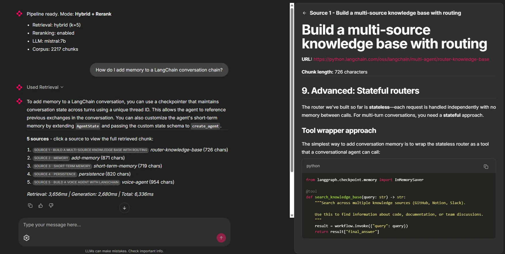 Figure 6 - Conversation in the Chainlit interface with the 5 retrieved sources and timing metrics